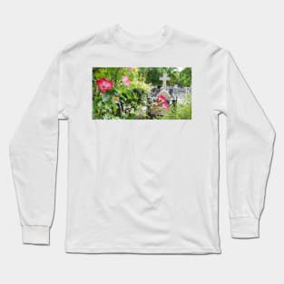 Paris Montmartre Cemetery Cross with Pink Flowers Long Sleeve T-Shirt